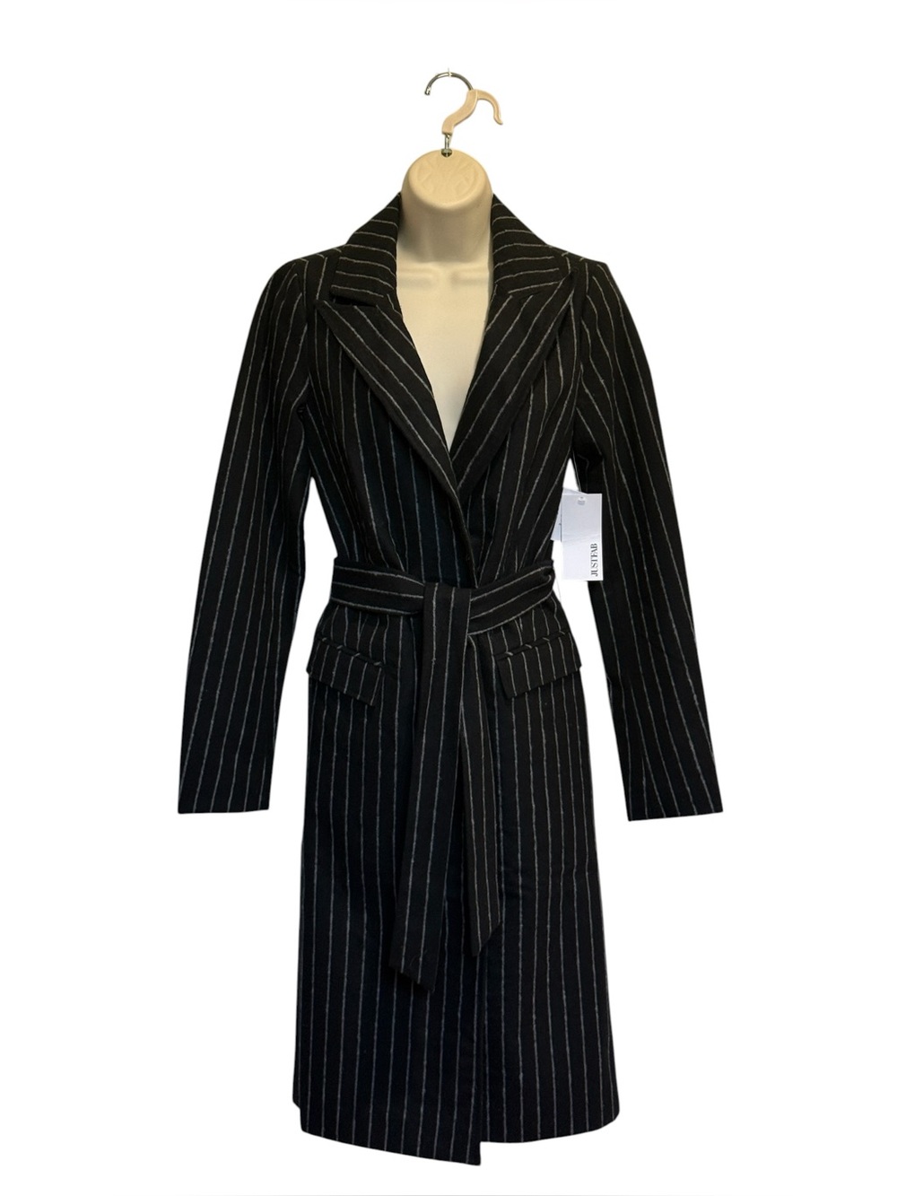 JustFab Pinstripe Faux Wool Robe Coat Black XXS